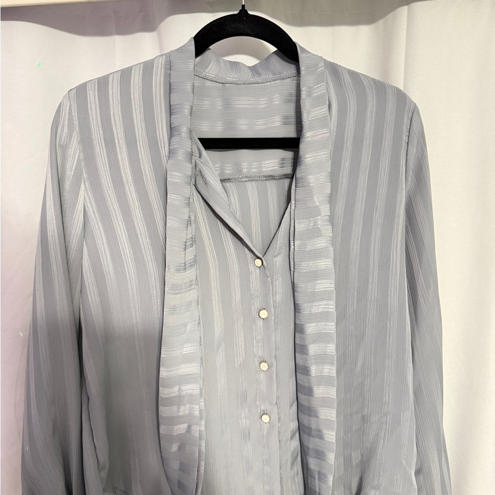Light Gray Striped Sheer Button-Front Blouse